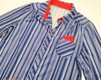Robe chemise vintage des années 70, style pull-over rayé, rayures verticales bleu et blanc, tenue décontractée du 4 juillet, cadeau pour maman