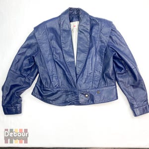 Vintage 1980s genuine leather jacket, 80s royal blue bomber, dolman sleeve coat, large sating lining with shoulder pads