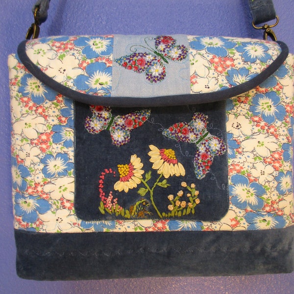 cross body handbag: vintage linens, feed sacks, quilted,  silk ribbon embroidered cross body binocular bag. My best one! OOAK FREE SHIPPING