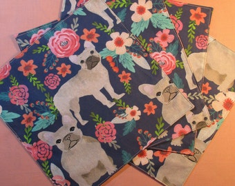 Cloth napkins French Bulldog floral 2 sizes and styles, 9.5 2-ply or 16 hemmed. navy background, set of 4