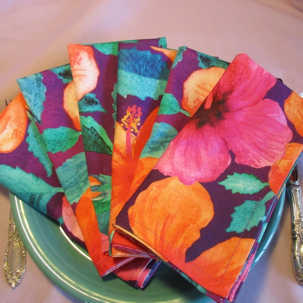 large scale floral hibiscus, rose-pink and orange on deep purple light cotton twill napkins in 3 sizes, hemmed mitered corners, reusable