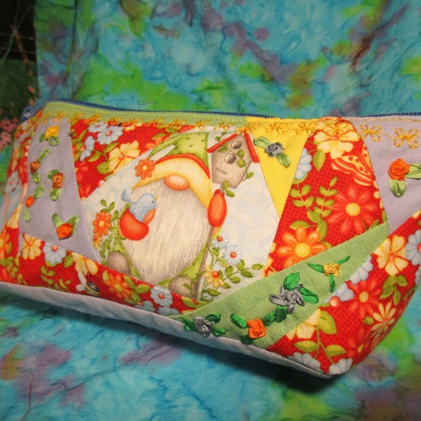 wristlet zipper bag, garden gnome crazy quilt, hand embroidered silk ribbon flowers,pocket, 7x3 bottom, 10in top x 4in tall, bees  ladybugs