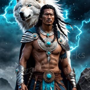 Puede incluir: Ilustración digital de un guerrero con largo cabello negro, adornado con una armadura plateada ornamentada y detalles turquesa. Un lobo blanco con ojos azules se encuentra detrás de él sobre un fondo de relámpagos y cielo tormentoso.