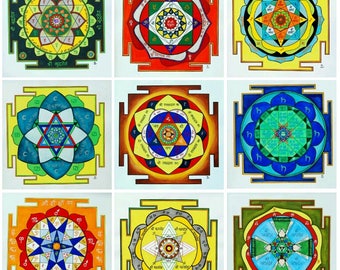 May include: Nine colourful mandalas with intricate geometric designs and Sanskrit text. Each mandala is surrounded by a square frame with a border. The mandalas are arranged in a 3x3 grid.