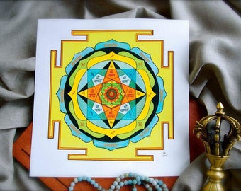 May include: A colorful mandala print with a nine-pointed star in the center. The star is surrounded by a circle with the words "Om Namah Shivaya" repeated nine times. The mandala is surrounded by a square with the words "Om Gam Ganapataye Namaha" written on each side.