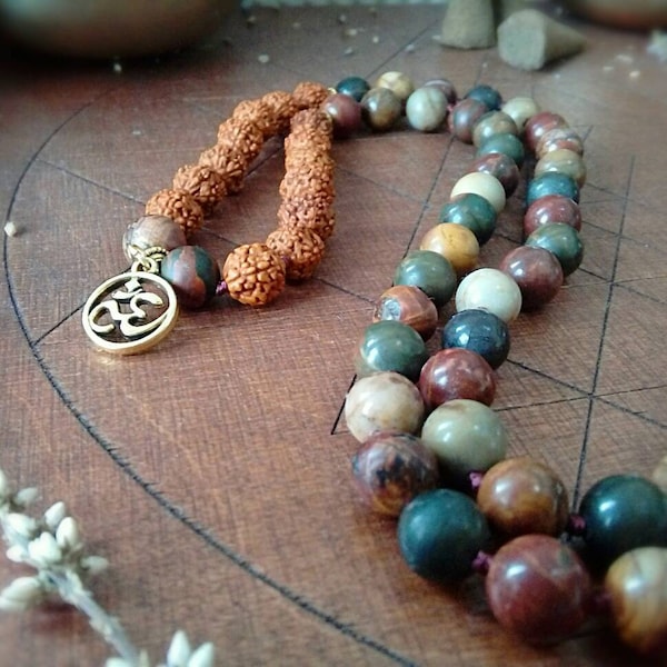 Picasso steen mala, Rudraksha mala, 108 Mala Kraal, Mala Ketting, Gebed Kralen, Yoga Sieraden, Japa Mala, Moss Agate Ketting, Tassel Nacklace