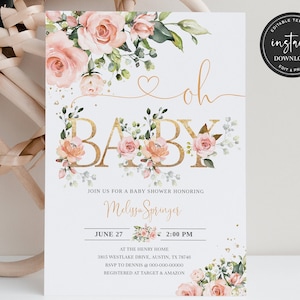 Pink Baby Shower Invitation, Oh Baby Floral Baby Shower Invitation, Sweet Baby Invitation, Girl Baby Shower, Baby Shower Invitation BSI06ZBR