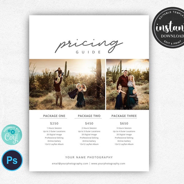 Pricing Guide Template, Family Photography Pricing Guide Template, Pricing Sheet, Price Guide List for Photographers, Photoshop Sell Sheet