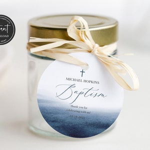Baptism Favor Tag Template, Blue Baptism Favor Tag, Religious Favor Tag, Watercolor Round Favor Tags, Boy baptism favor tag BAP001ZBR