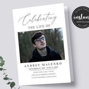 May include: A black and white funeral announcement with a photo of a man wearing glasses. The announcement reads "Celebrating the Life of Andrey Malenko, November 27, 1946 - June 17, 2020. Sunday, June 27, 2021, 11:00 AM, Your Local Memorial Cemetery, 211 Westlake Drive, Austin, Texas."