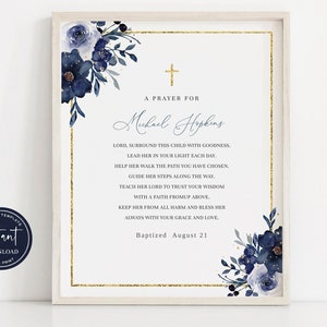 Modello di segno di preghiera del battesimo blu, segno di preghiera del battesimo in oro blu, segno di preghiera religiosa in oro, segno di preghiera dell'acquerello, arredamento del battesimo BP02ZBR