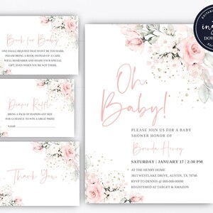 May include: A pink and white floral baby shower invitation with gold glitter. The invitation says "Oh Baby!" and includes the date, time, and location of the shower. It also includes the name of the guest of honor, Brenda Henry, and the RSVP information. The invitation is decorated with a watercolor floral design.