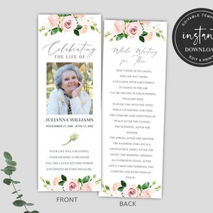 Editable Funeral Bookmark Template, Memorial Bookmark, Celebration of Life Bookmark, Memorial Keepsake, Funeral Keepsake Cards FDP001400