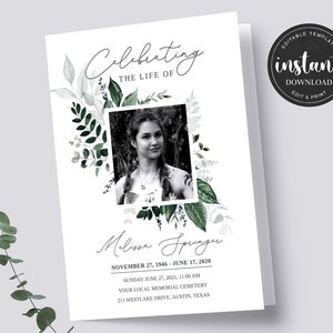 Editable Funeral Program Template, Green Memorial Program, Obituary Program Template, Watercolor Celebration of life Program FDP024ZBR