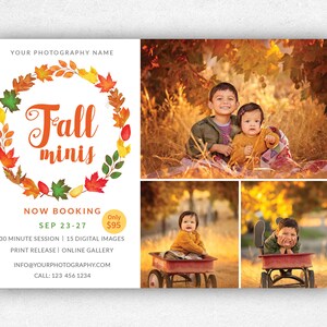 May include: Fall mini photography session announcement with a wreath of autumn leaves and a photo collage of children in a fall setting. The text reads "Fall minis" and "Now Booking Sep 23-27 Only $95".