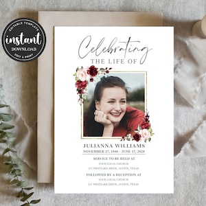 Editable Funeral Invitation Template, Funeral Announcement, Memorial Service Invitation, Celebration of life Invitation Template FDP00500