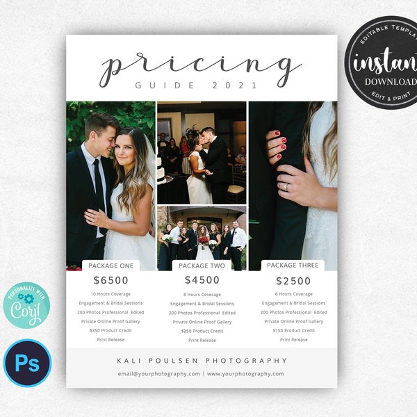 Photography Price List, Wedding Pricing Guide, Wedding Price Sheet, Pricing Guide for Photographers, Sell Sheet, Pricing Guide Template, PSD