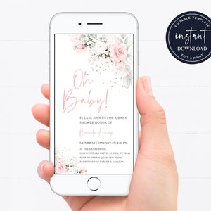 Electronic Baby Shower Invitation, Electronic Oh Baby Shower, Pink Oh Baby Invitation, Oh Baby Shower Evite, Blush Pink Gold Evite, BSI03ZBR