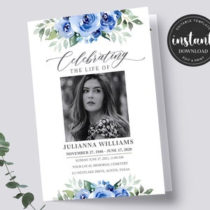 Funeral Program Template, Blue Memorial Service Template, Obituary Program Template, Order of Service, Celebration of life FDP022ZBR