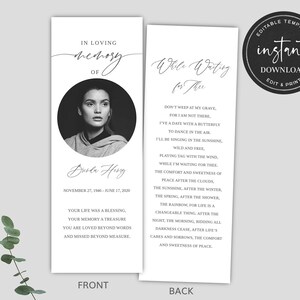 Funeral Bookmark Template, Memorial Bookmark Template, Memorial Keepsake, Celebration of Life Bookmark, Funeral Keepsake Cards FDP021ZBR