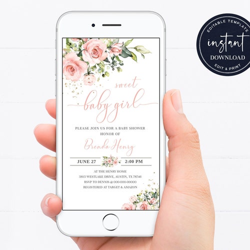 Sweet Baby Girl Baby Shower Evite Pink Floral Baby Shower Etsy