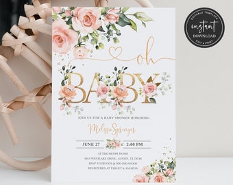 Rosa Babypartyeinladung, Oh Baby Blumen-Babypartyeinladung, süße Babyeinladung, Mädchen-Babyparty, Babypartyeinladung BSI06ZBR