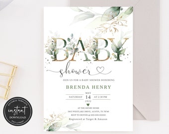 Greenery Baby Shower Invitation, Green & Gold Baby Shower Invitation, Green Baby Shower Invitation, Gold Baby Shower Invitation, BSI04ZBR