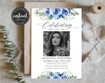 Puede incluir: Un diseño floral azul y verde con una foto de una mujer y texto que dice "Celebrating the Life of" "Julianna Williams" "November 27, 1946 - June 17, 2020" "Sunday June 27, 2021, 11:00 AM" "Your Local Memorial Cemetery" "211 Westlake Drive, Austin, Texas"