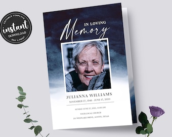 Watercolor Funeral Program Template, Memorial Service, In loving Memory, Editable Celebration of life Canva, Digital Download