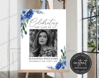 Celebration of Life Welcome Sign, Blue Funeral Welcome Sign, Obituary Memorial Sign, Celebration of Life Decoration, Funeral Décor FDP023ZBR