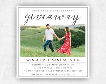 May include: A giveaway announcement for a free mini photo session. The image shows a couple walking in a field. The text reads "Your Studio Photography Giveaway" and "Win a Free Mini Session". To enter, follow these steps: 1. Like our page, 2. Like this post, 3. Share this post, 4. Tag 3 friends in the comments. Winner will be announced on 12/12/20.