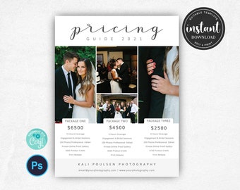 Lista de preços de fotografia, Guia de preços de casamento, Folha de preços de casamento, Guia de preços para fotógrafos, Folha de venda, Modelo de guia de preços, PSD
