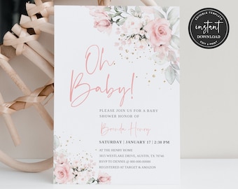 Pink Baby Shower Invitation, Oh Baby Shower Invitation, Oh Baby Invite, Blush Pink Floral Baby Shower Invitation, Oh Baby Shower, BSI03ZBR