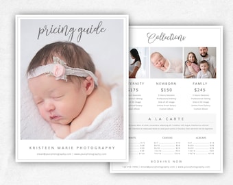 Modèle de liste de prix de photographie, modèle de prix nouveau-né, guide de prix de famille, guide de prix de photographie, feuille de prix de photographie, PSD