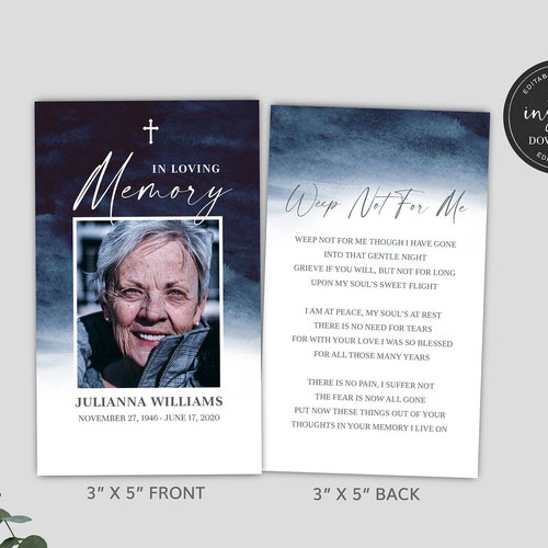 Editable Funeral Prayer Card Template Printable Memorial Etsy