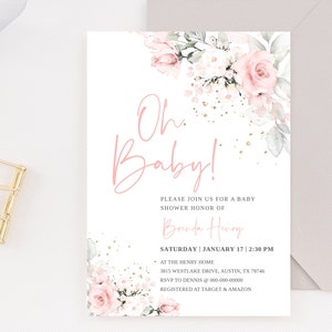 May include: A pink and gold baby shower invitation with floral designs and the text "Oh Baby!"  Please join us for a baby shower honor of Brenda Henry. Saturday, January 17, 2:30 PM. At the Henry Home, 3815 Westlake Drive, Austin, TX 78746. RSVP to Dennis @ 000-000-00000. Registered at Target & Amazon.