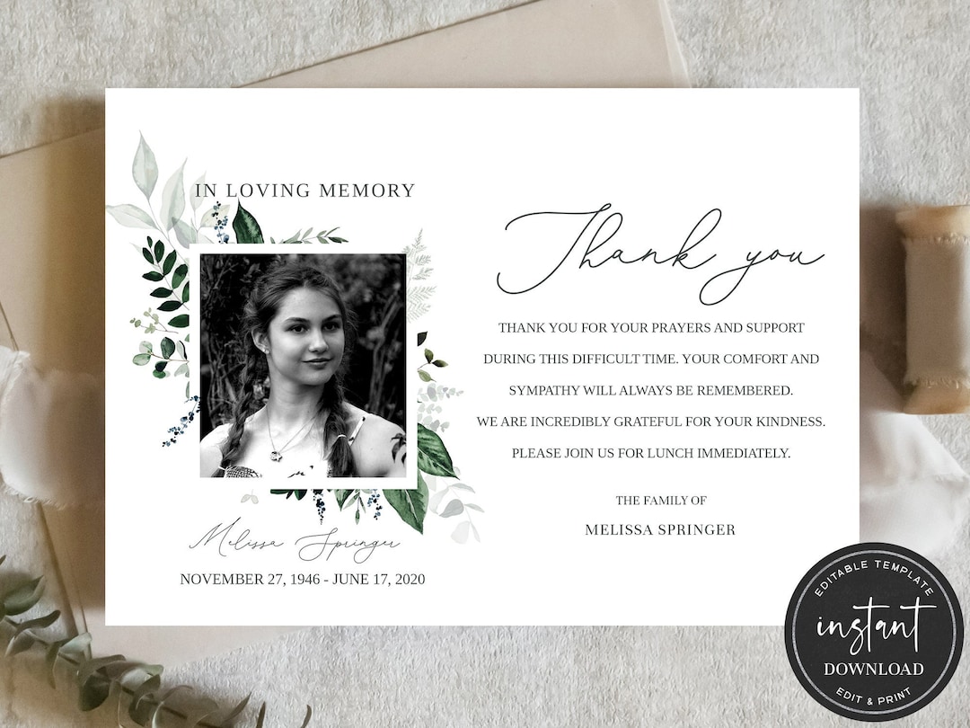 Funeral Thank You Card, Funeral Thank You Cards, Editable Memorial Card,  Sympathy Card, Funeral Thank You Photo, Funeral Card FDP024ZBR - Etsy, image size:1080x810