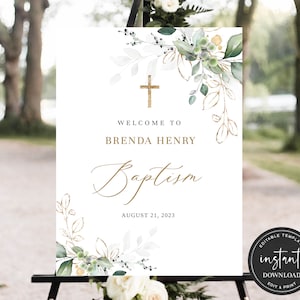 Greenery Baptism Welcome Sign, Editable Baptism Welcome Sign, Greenery Watercolor Baptism Welcome Sign, Greenery Girl Baptism Welcome Sign
