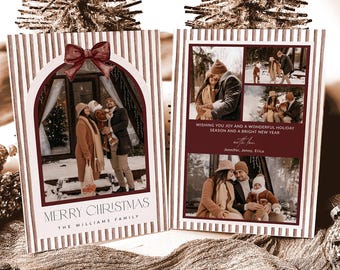 May include: Two rectangular holiday cards with a vertical striped pattern in white and muted brown. The left card features an arched photo frame with a red bow, text reading MERRY CHRISTMAS THE WILLIAMS FAMILY. The right card displays multiple photos and text: WISHING YOU JOY AND A WONDERFUL HOLIDAY SEASON AND A BRIGHT NEW YEAR, with love, Jennifer, Jenny, Erica.