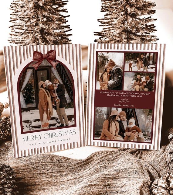 Boho Holiday Photo Card Template, Boho Christmas Card, Printable Arch Christmas Card, Year In Review Holiday Card, Bow Stripe Christmas Card