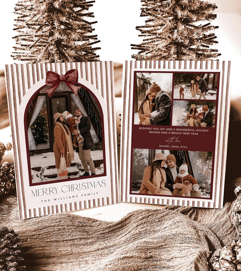 May include: Two rectangular holiday cards with a vertical striped pattern in white and muted brown. The left card features an arched photo frame with a red bow, text reading MERRY CHRISTMAS THE WILLIAMS FAMILY. The right card displays multiple photos and text: WISHING YOU JOY AND A WONDERFUL HOLIDAY SEASON AND A BRIGHT NEW YEAR, with love, Jennifer, Jenny, Erica.