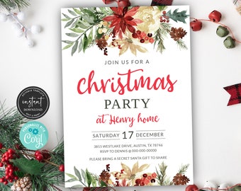 Puede incluir: Una invitación a una fiesta de Navidad con una ilustración de acuarela de poinsettias rojas, flores blancas y hojas verdes. El texto dice "Join us for a Christmas Party at Henry home Saturday 17 December 3815 Westlake Drive, Austin, TX 78746 RSVP to Dennis @000-000-00000 Please bring a secret Santa gift to share."