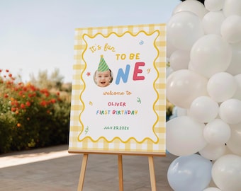 Fun to Be One Birthday Welcome Sign, Colorful First Birthday Welcome Sign, One is Fun Party Sign, Editable Birthday Sign Canva Template