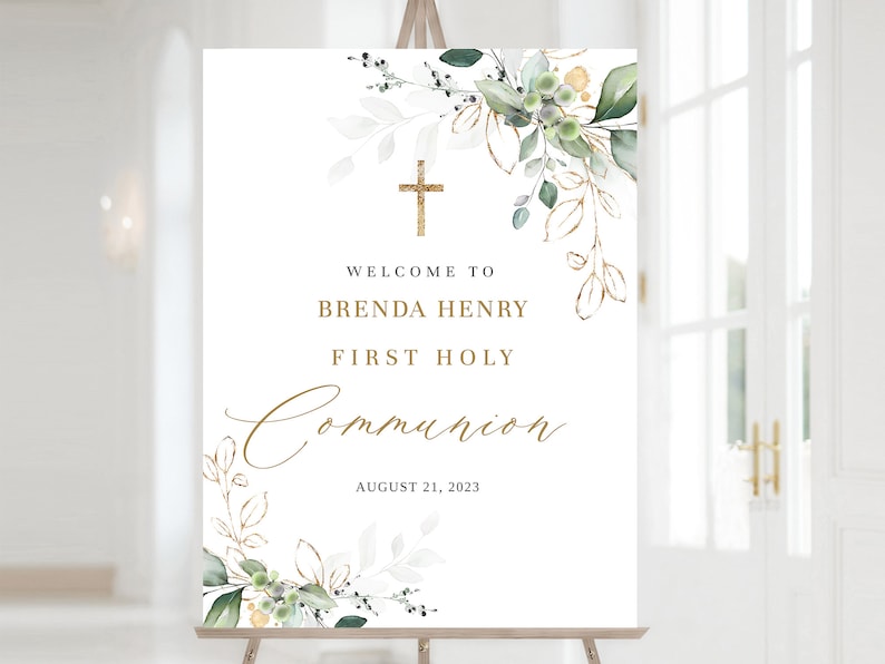 First Communion Welcome Sign Template, Greenery First Communion Welcome ...
