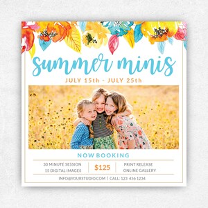 Summer Minis, Summer mini Session Template, Summer mini, Mini Session Photography Marketing board, Photography Marketing Template, PSD, 5x5