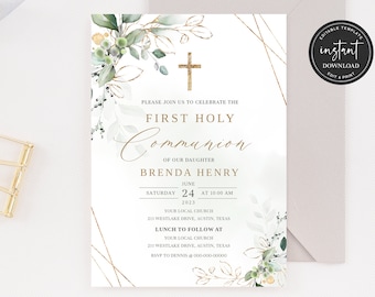Greenery First Holy Communion Invitation Template, Green & Gold Communion Invitation, Editable Communion Invitation, Girl Communion Invite