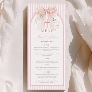 May include: A pink and white striped menu card with a floral and cross design. The menu includes the name "Michael Hopkins" and the date "August 17, 202X". The menu lists entree, main, and dessert options.