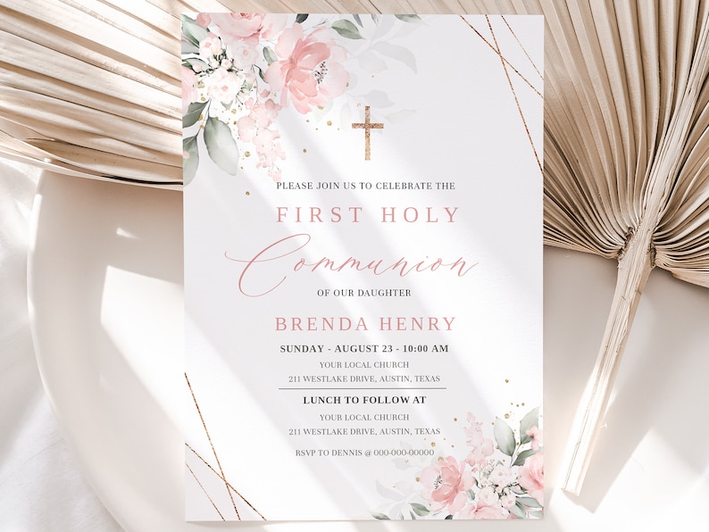 Pink First Holy Communion Invitation Template, Pink Watercolor Communion Invite, Editable First Communion Invitation, Girl Communion Invite image 4