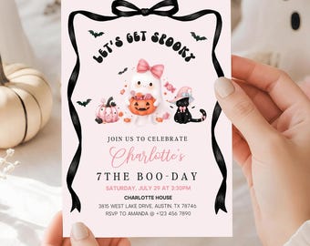 Pink Spooky Birthday Invitation, Halloween Birthday Invitation, Girl Halloween Birthday Party Invite, Editable Bow Halloween Party Invite
