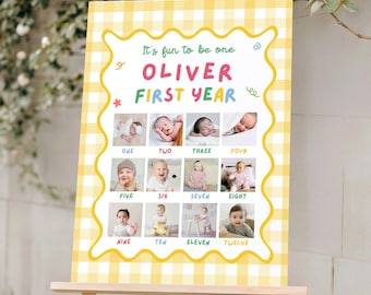 Fun to Be One Photo Board, Fun To Be One Photo Board Boy, Yellow Boy First Birthday Sign, Baby Photo Poster, Baby First Year Canva Template